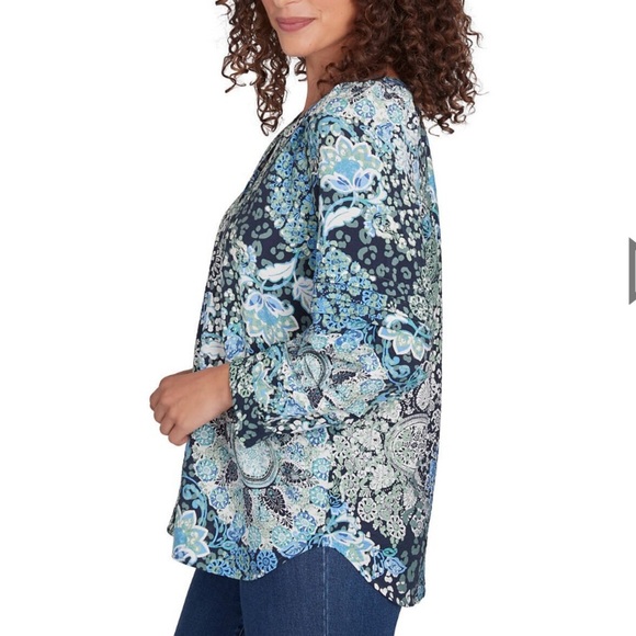 Ruby Rd. Women Peasant Boho Blue Green Patterned Top Plus Size 2X V-Neck Button - Picture 5 of 13